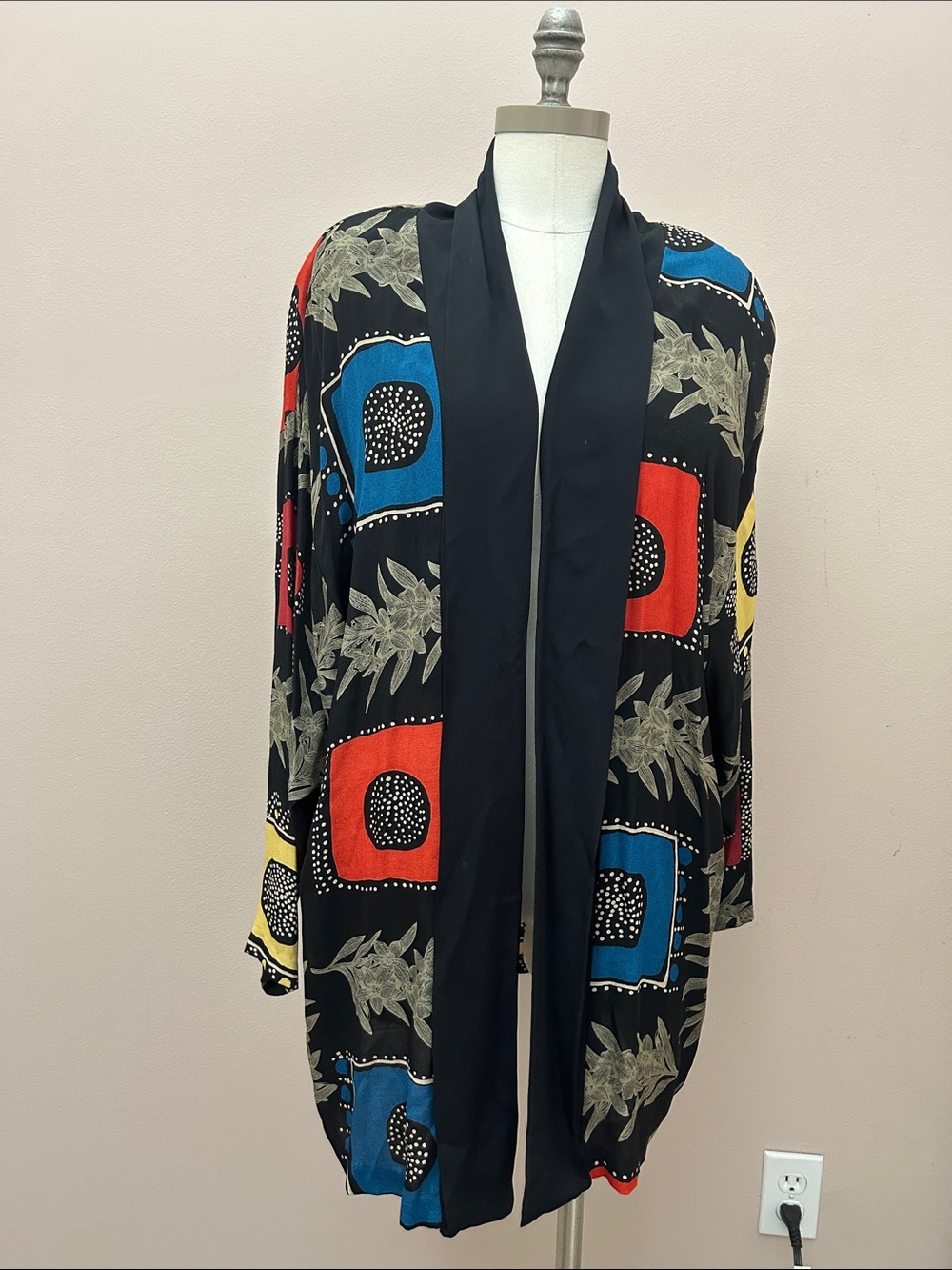 VTG Rayon Black Open Cardigan with Bold Red, Blue & Yellow Geometric Print S